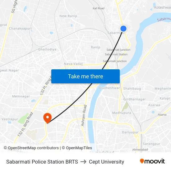 Sabarmati Police Station BRTS to Cept University map