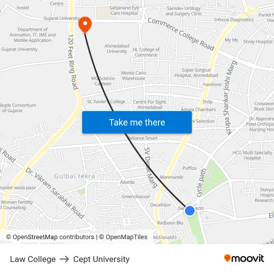 Law College to Cept University map