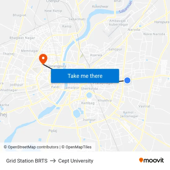 Grid Station BRTS to Cept University map