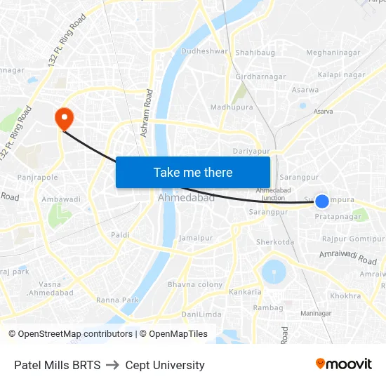 Patel Mills BRTS to Cept University map