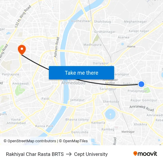 Rakhiyal Char Rasta BRTS to Cept University map