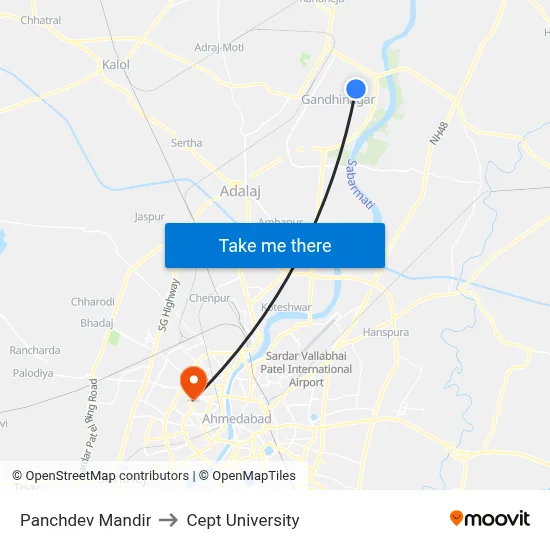 Panchdev Mandir to Cept University map