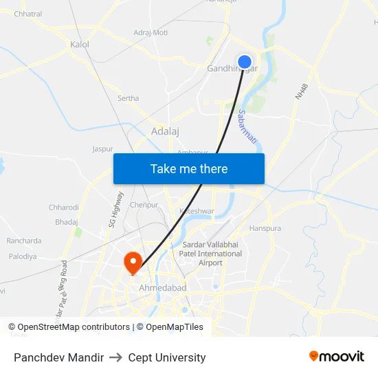 Panchdev Mandir to Cept University map