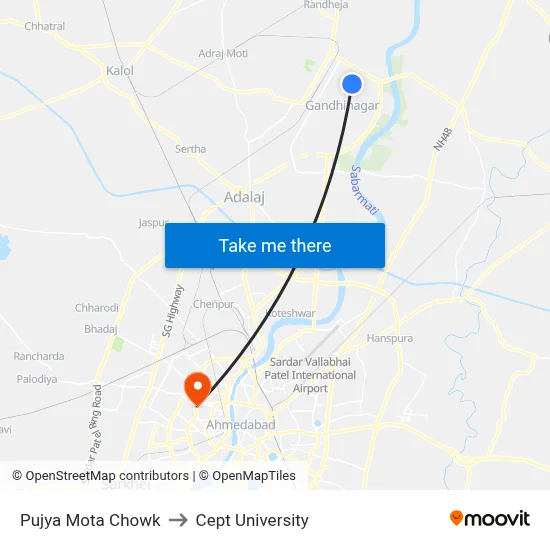 Pujya Mota Chowk to Cept University map