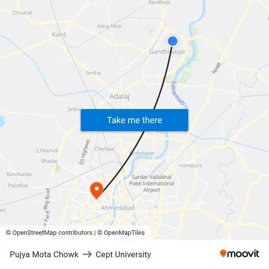 Pujya Mota Chowk to Cept University map