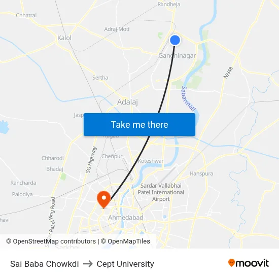 Sai Baba Chowkdi to Cept University map