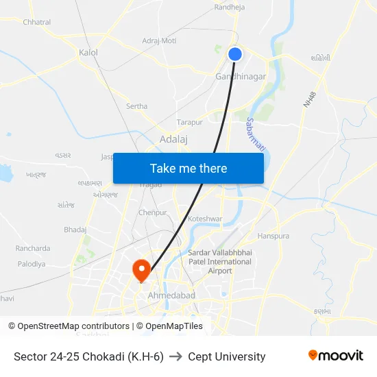 Sector 24-25 Chokadi (K.H-6) to Cept University map