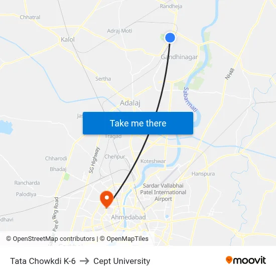 Tata Chowkdi K-6 to Cept University map