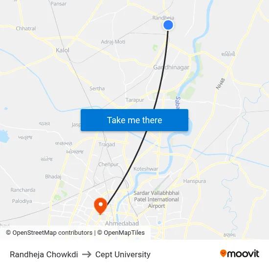 Randheja Chowkdi to Cept University map