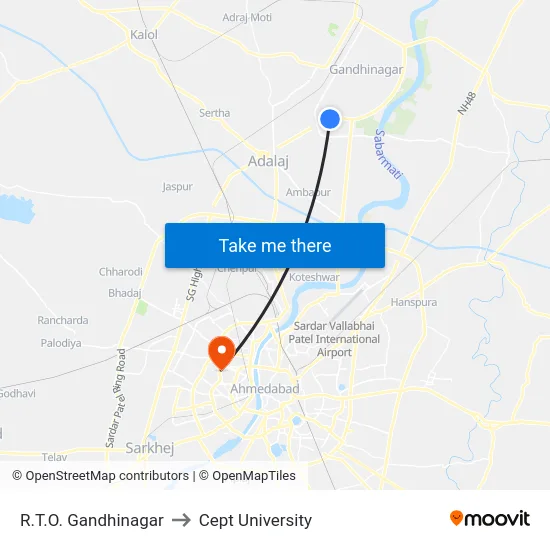 R.T.O. Gandhinagar to Cept University map