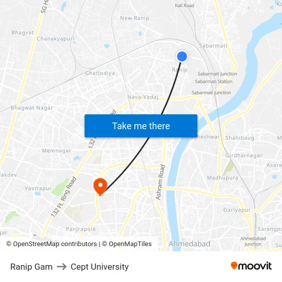 Ranip Gam to Cept University map