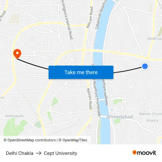 Delhi Chakla to Cept University map