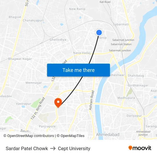Sardar Patel Chowk to Cept University map