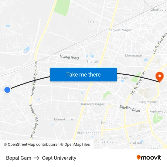 Bopal Gam to Cept University map