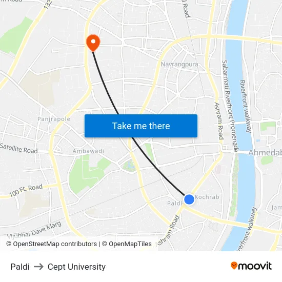 Paldi to Cept University map
