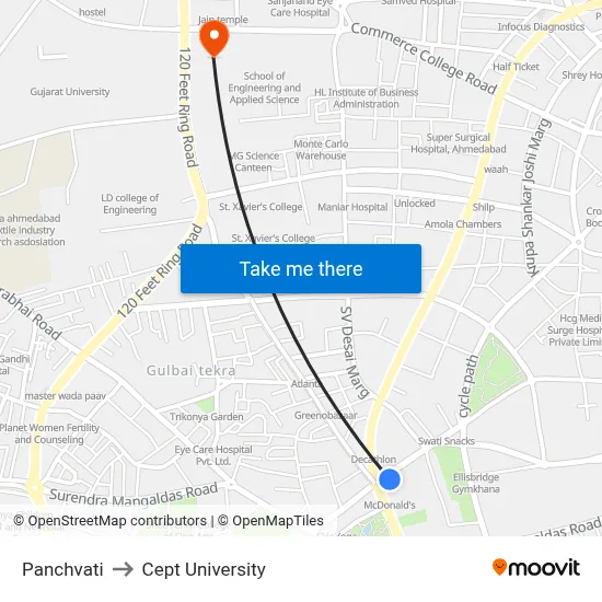 Panchvati to Cept University map