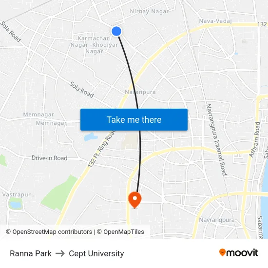 Ranna Park to Cept University map