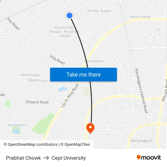 Prabhat Chowk to Cept University map