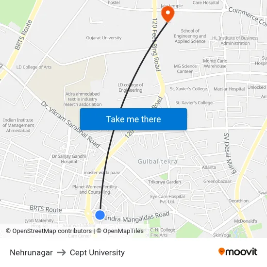 Nehrunagar to Cept University map