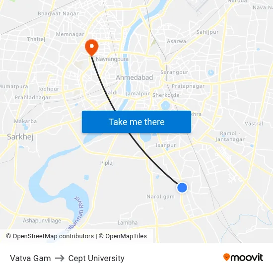 Vatva Gam to Cept University map