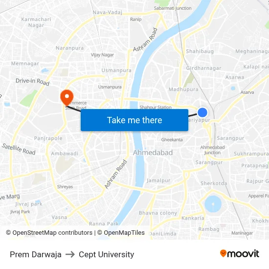 Prem Darwaja to Cept University map