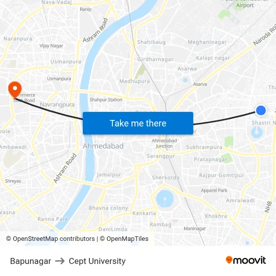 Bapunagar to Cept University map