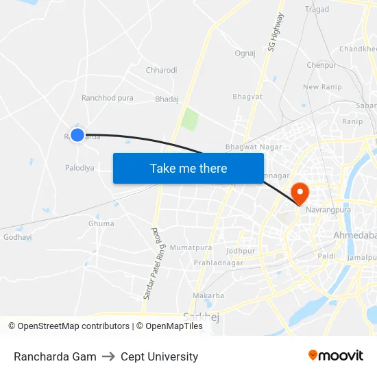 Rancharda Gam to Cept University map