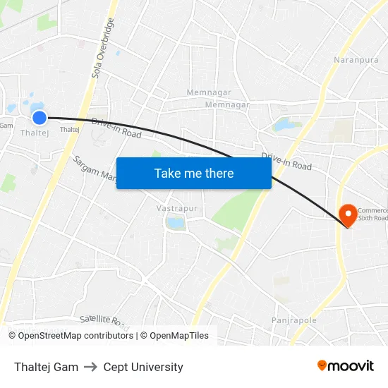 Thaltej Gam to Cept University map