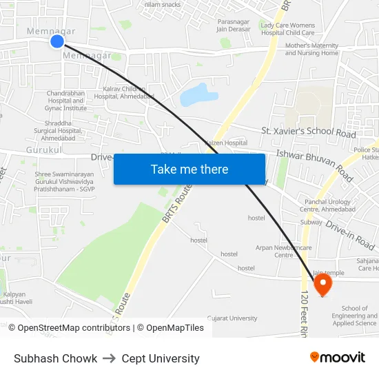 Subhash Chowk to Cept University map