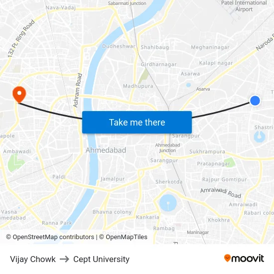 Vijay Chowk to Cept University map