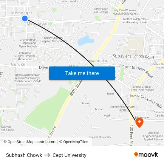 Subhash Chowk to Cept University map