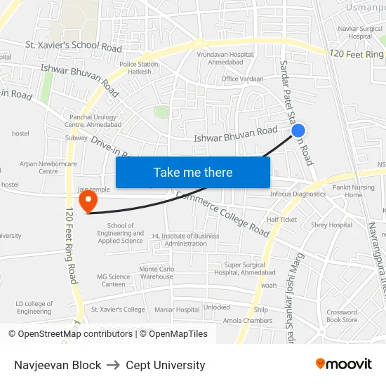 Navjeevan Block to Cept University map