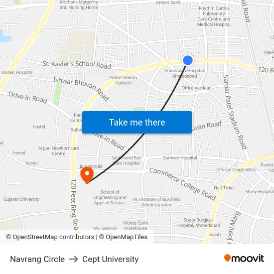 Navrang Circle to Cept University map