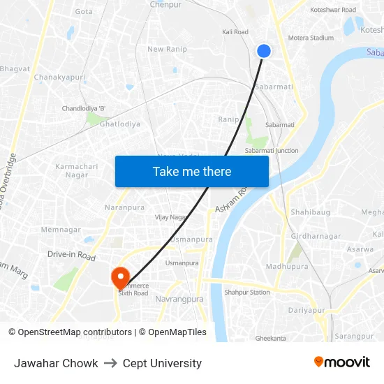 Jawahar Chowk to Cept University map