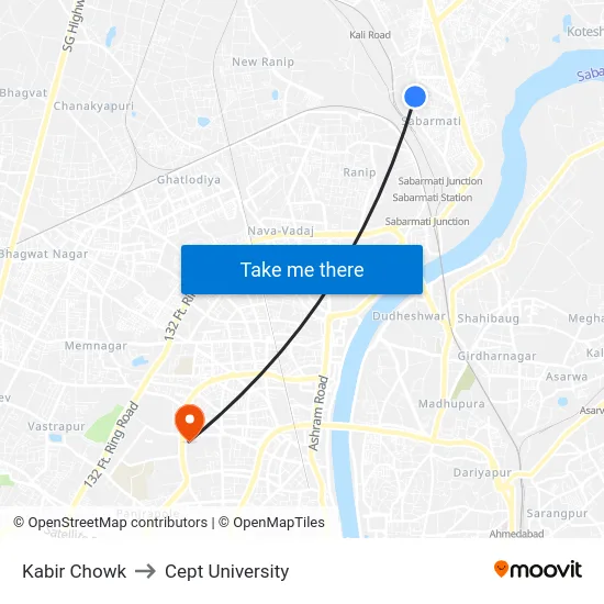 Kabir Chowk to Cept University map