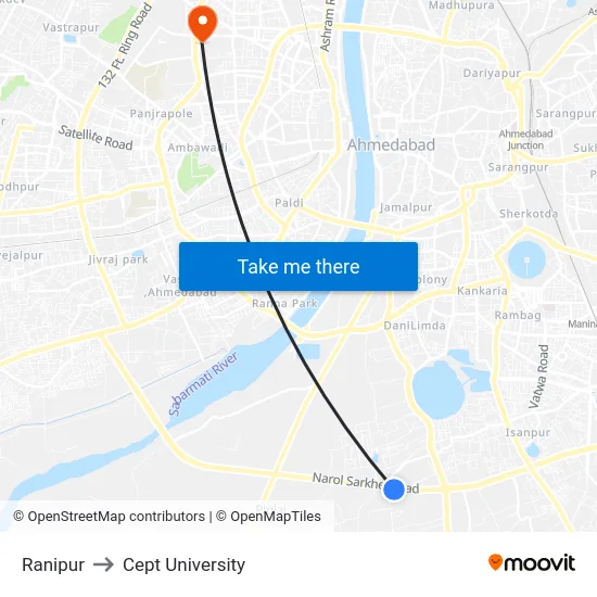 Ranipur to Cept University map