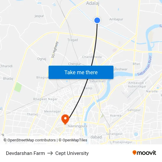 Devdarshan Farm to Cept University map
