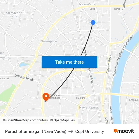 Purushottamnagar (Nava Vadaj) to Cept University map