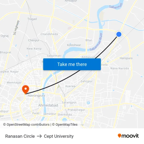 Ranasan Circle to Cept University map