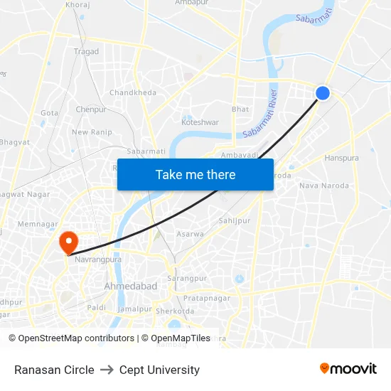 Ranasan Circle to Cept University map