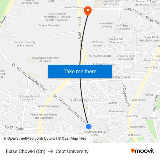 Exise Chowki (Cn) to Cept University map