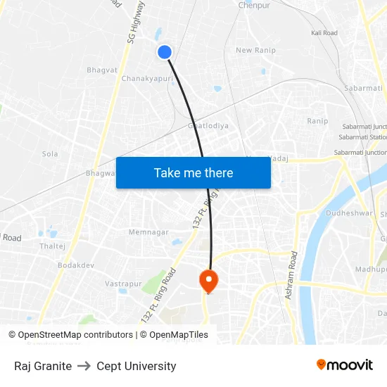 Raj Granite to Cept University map