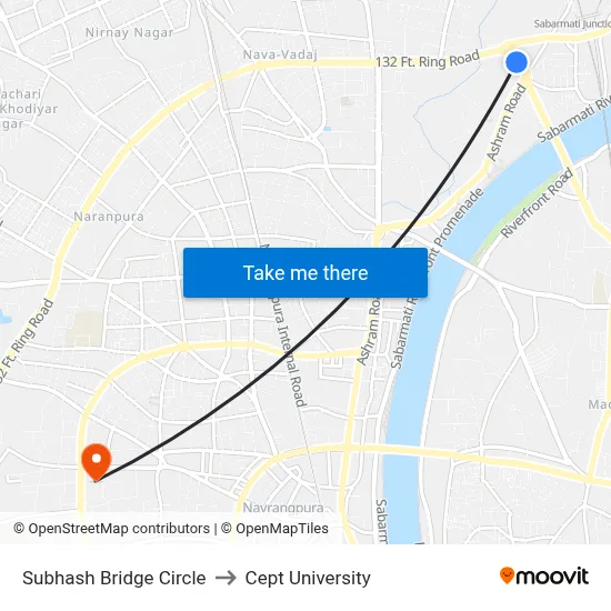 Subhash Bridge Circle to Cept University map