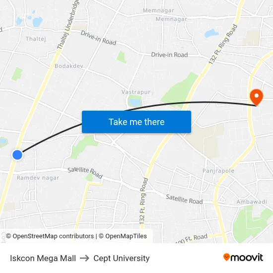 Iskcon Mega Mall to Cept University map
