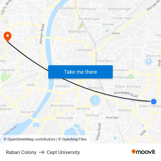 Rabari Colony to Cept University map