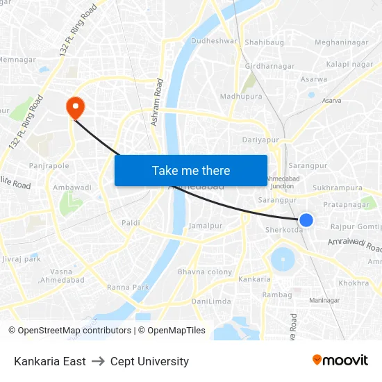 Kankaria East to Cept University map