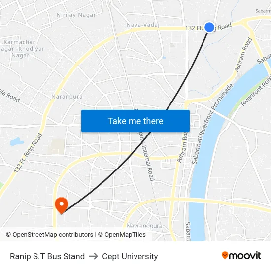 Ranip S.T Bus Stand to Cept University map