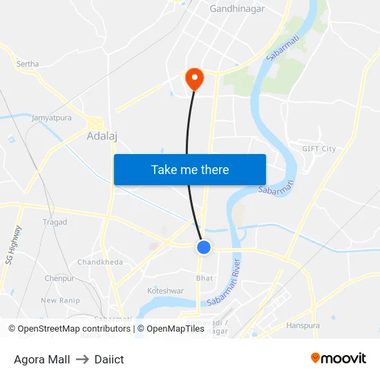 Agora Mall to Daiict map