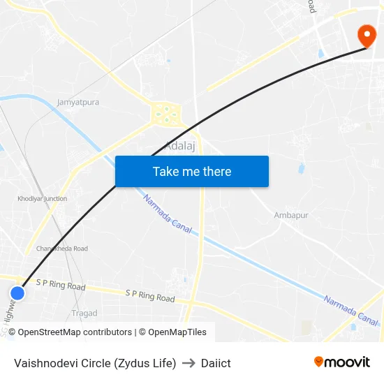 Vaishnodevi Circle (Zydus Life) to Daiict map