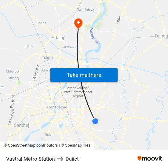 Vastral Metro Station to Daiict map